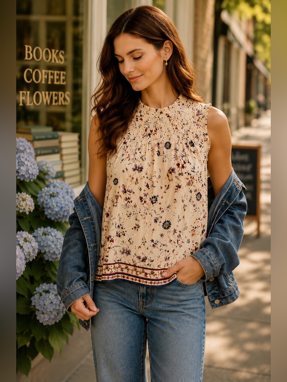Max Studio Floral Smocked Sleeveless Boho Blouse— Cottagecore (L)
